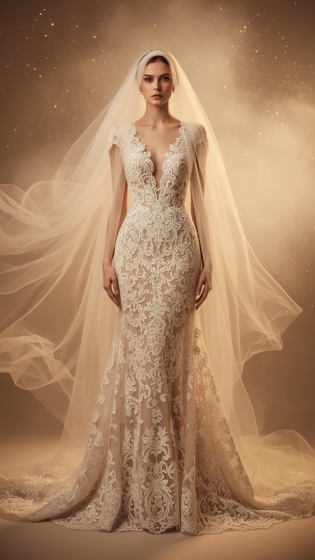 Noiva vestindo vestido de alta costura em renda